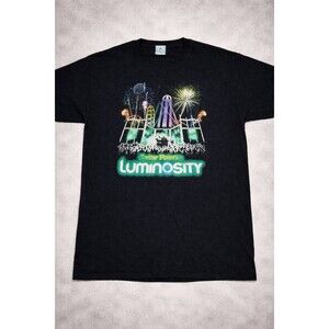 CEDAR POINT LUMINOSITY T SHIRT L BLACK NEON FIREWORKS GRAPHIC